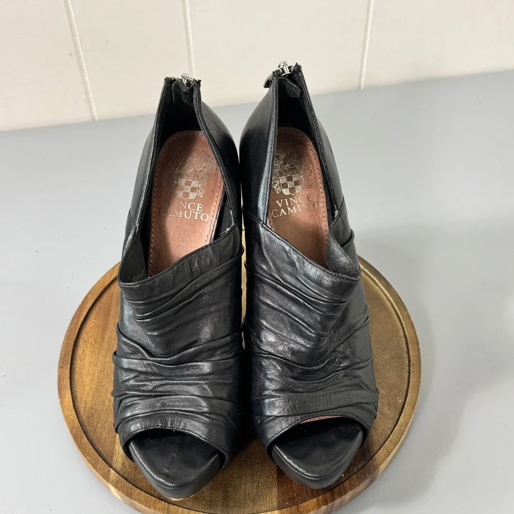 Vince Camuto Black Ruched Peep Toe Stiletto Heel Booties Ankle Boots Size 6.5
